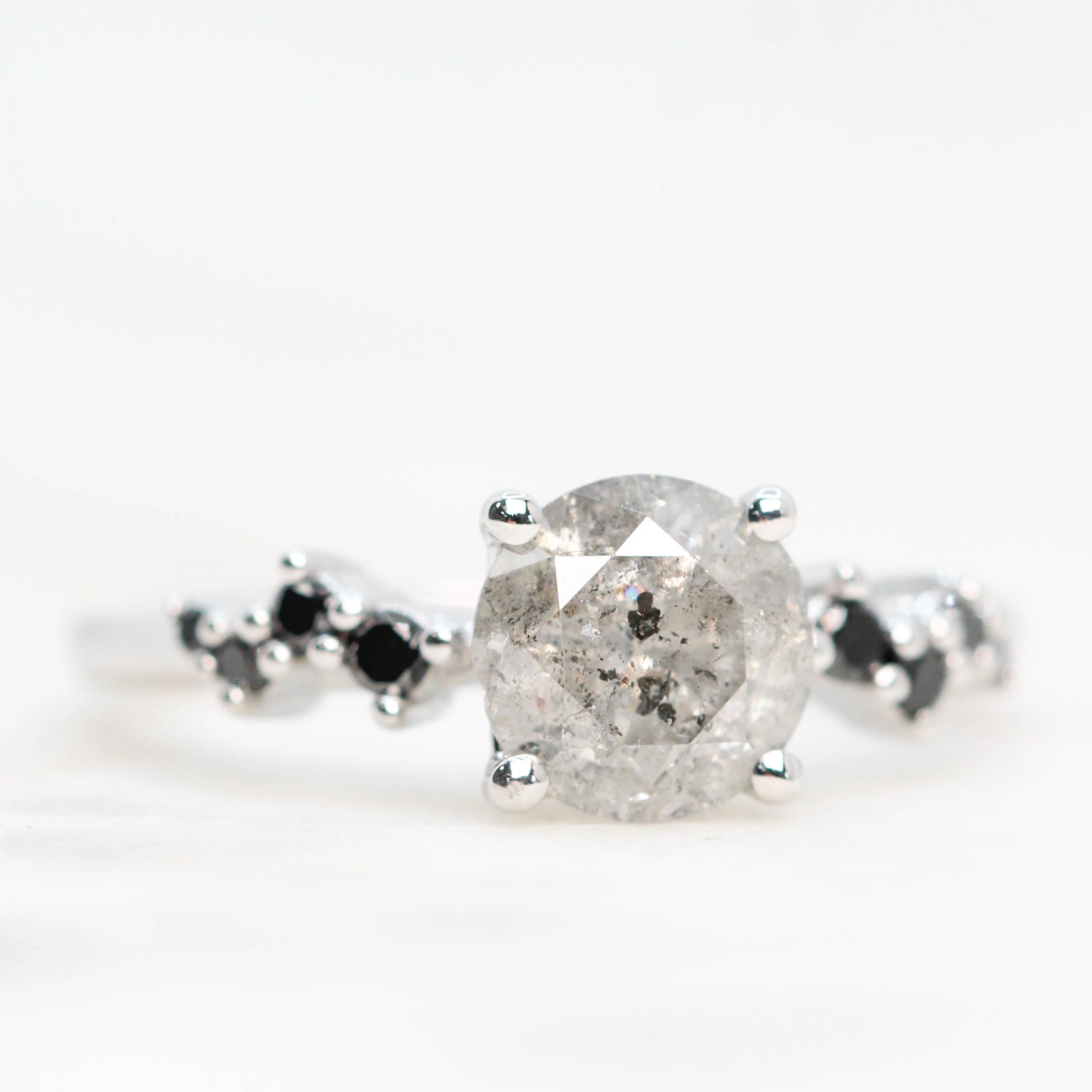 Zealan Ring with a 1.48 Carat Round Gray Salt and Pepper Diamond and Black Accent Diamonds in 14k White Gold - Ready to Size and Ship - Image 3