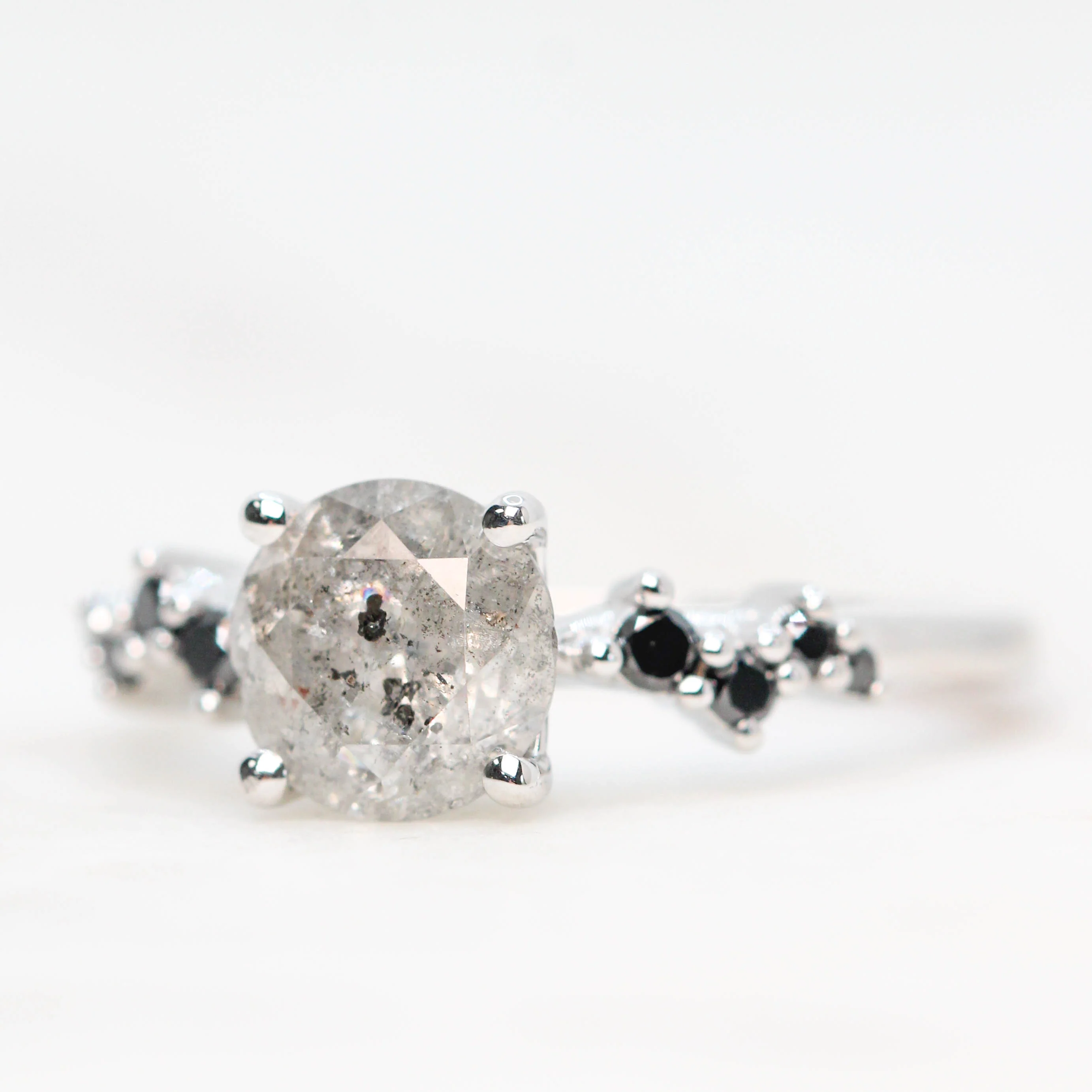 Zealan Ring with a 1.48 Carat Round Gray Salt and Pepper Diamond and Black Accent Diamonds in 14k White Gold - Ready to Size and Ship - Image 4