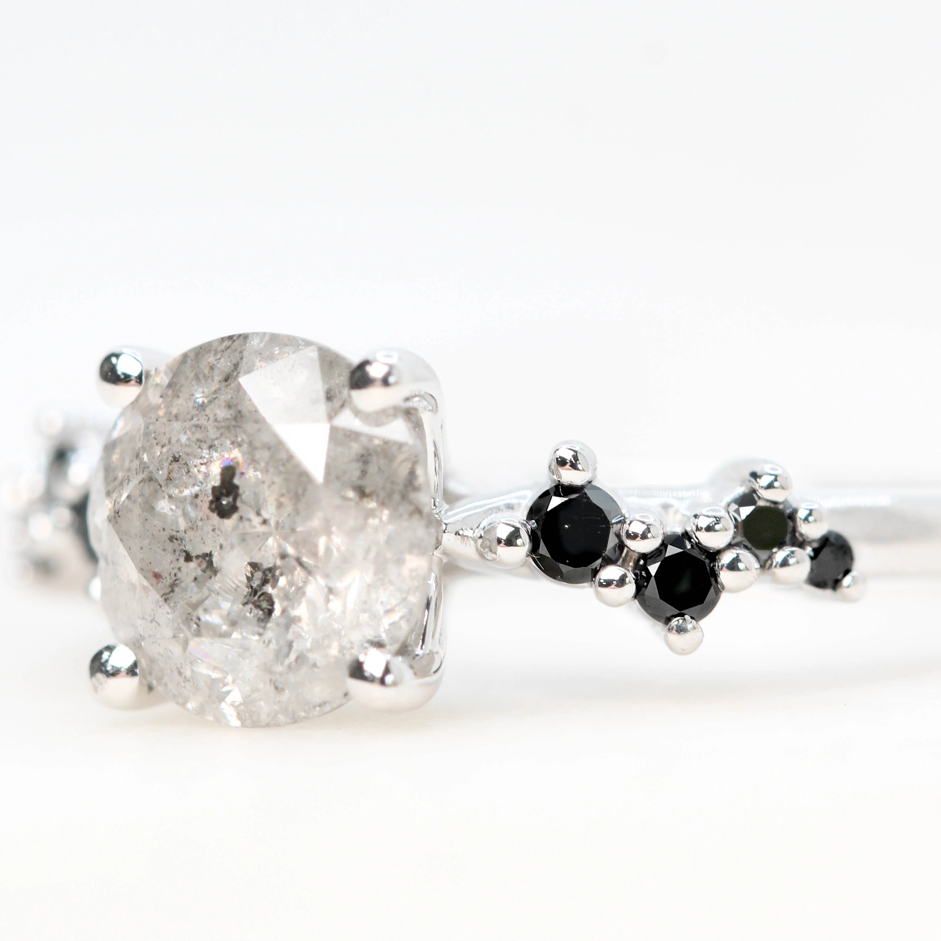 Zealan Ring with a 1.48 Carat Round Gray Salt and Pepper Diamond and Black Accent Diamonds in 14k White Gold - Ready to Size and Ship - Image 5