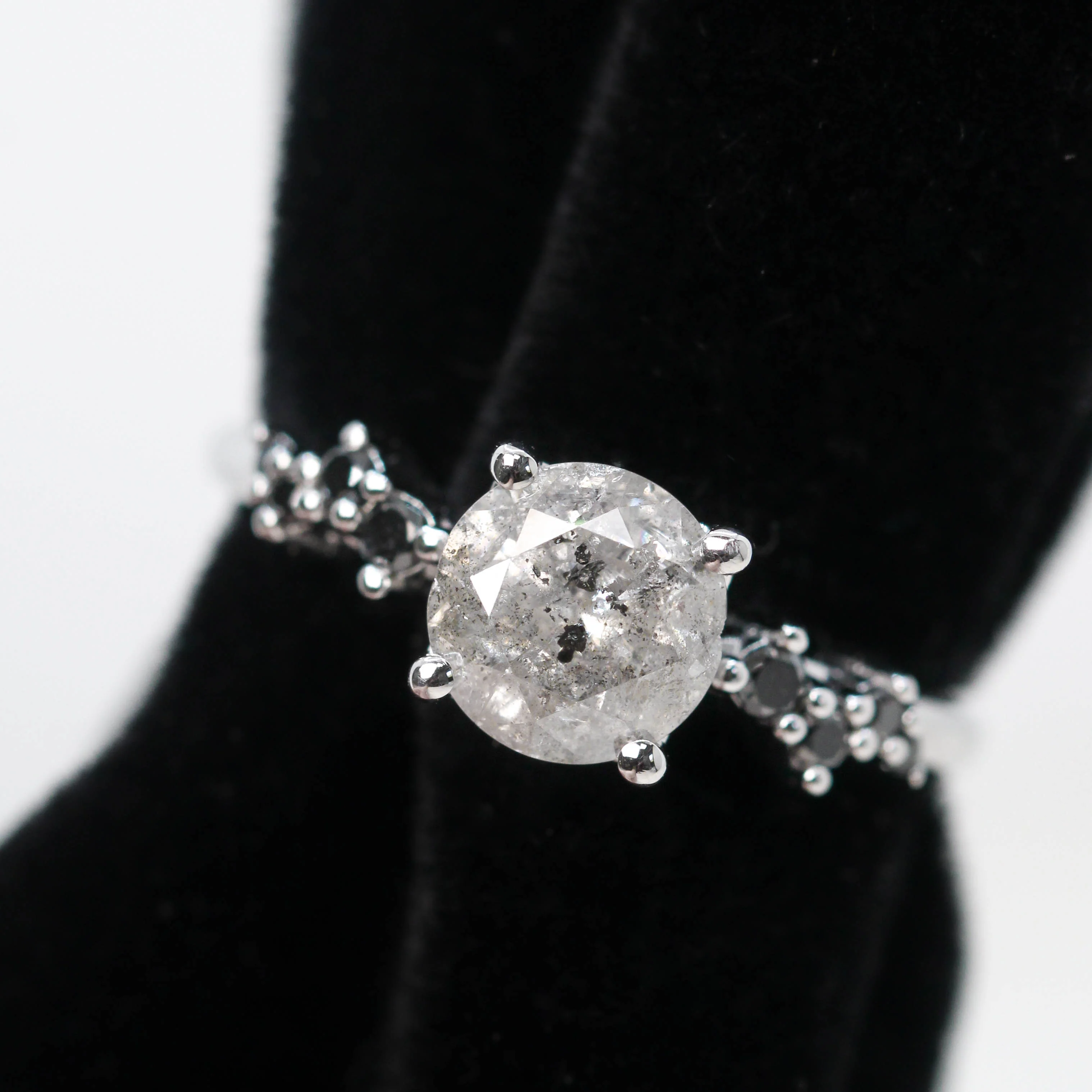 Zealan Ring with a 1.48 Carat Round Gray Salt and Pepper Diamond and Black Accent Diamonds in 14k White Gold - Ready to Size and Ship - Image 9