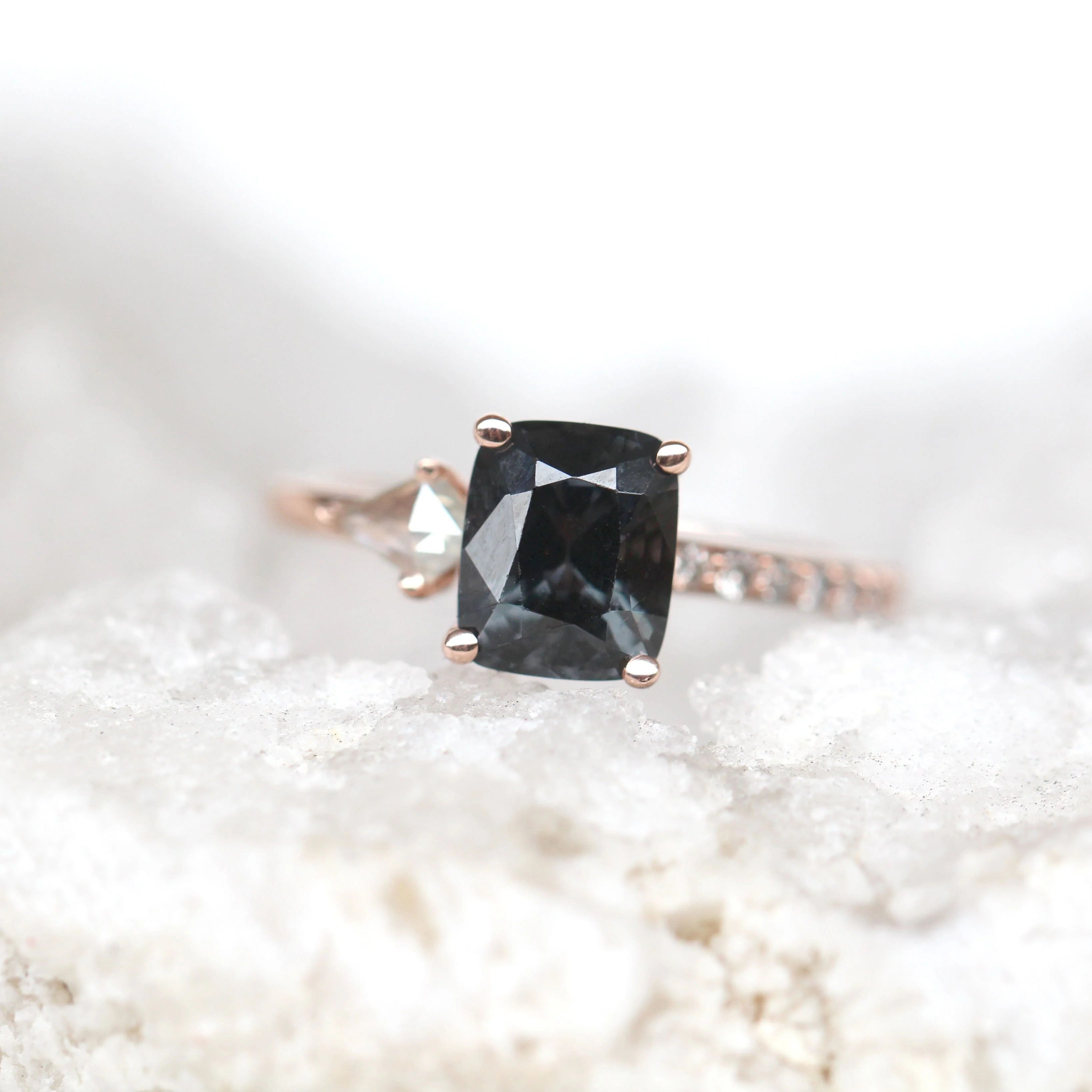 Project: Custom Zephyr Ring with a 2 Carat Emerald Cut Spinel and Salt and Pepper Accent Diamonds in 14k - Image 3