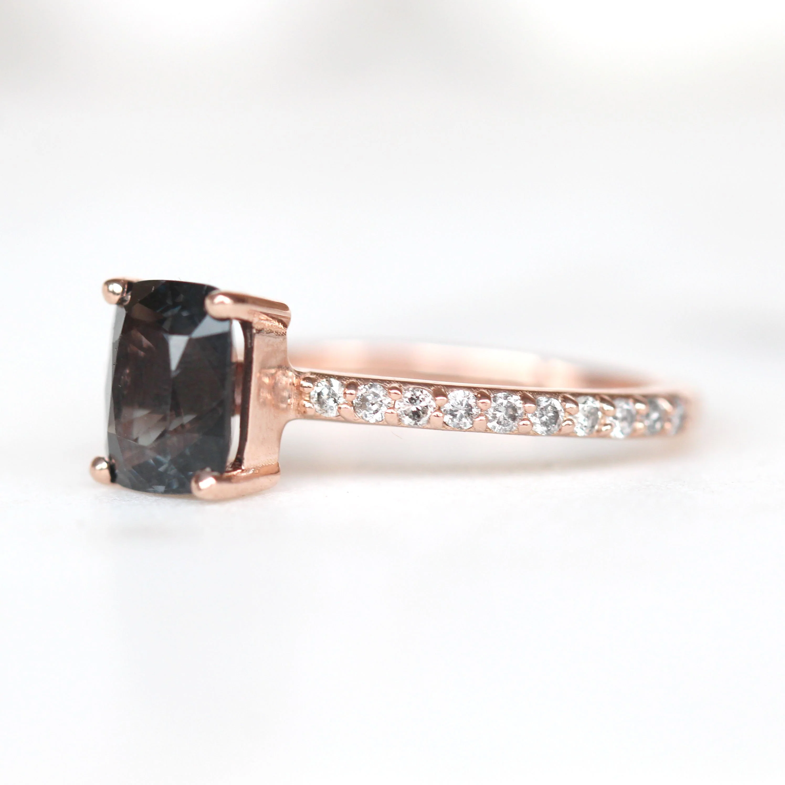 Project: Custom Zephyr Ring with a 2 Carat Emerald Cut Spinel and Salt and Pepper Accent Diamonds in 14k - Image 5
