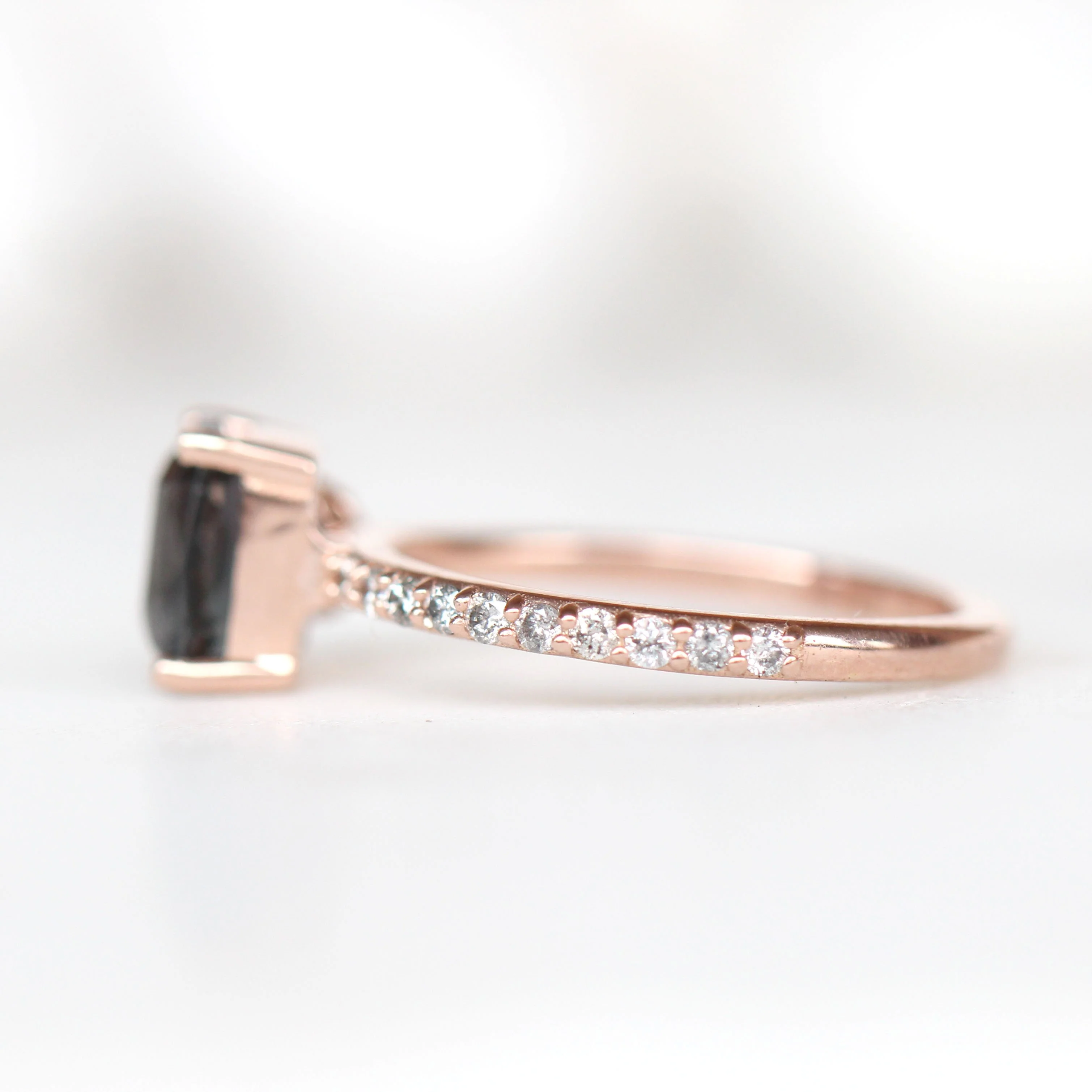 Project: Custom Zephyr Ring with a 2 Carat Emerald Cut Spinel and Salt and Pepper Accent Diamonds in 14k - Image 6