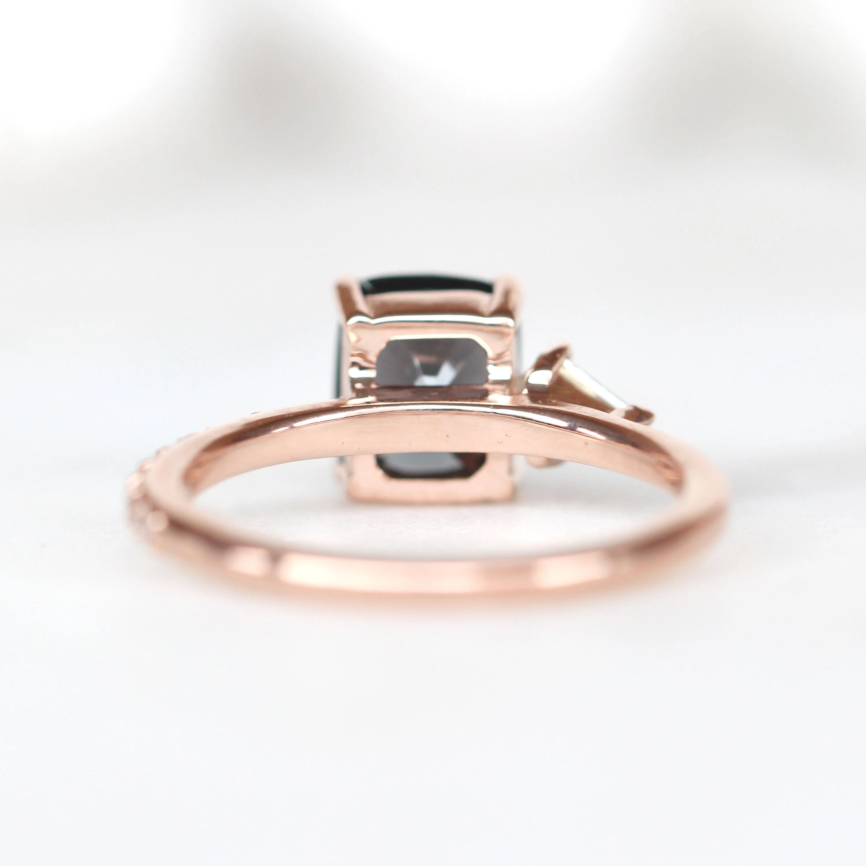 Project: Custom Zephyr Ring with a 2 Carat Emerald Cut Spinel and Salt and Pepper Accent Diamonds in 14k - Image 7